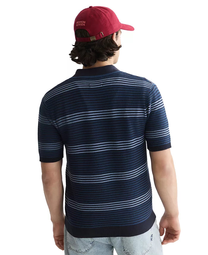 Striped Structured Knitted Regular-Fit Polo Ensign Blue
