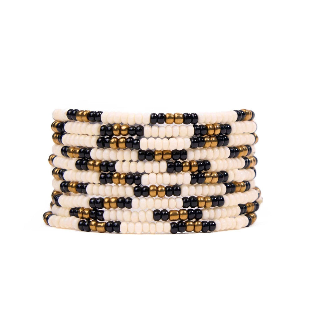 Sage Beaded 10 Strand Stretch Bracelets Gold, Black, + Ivory