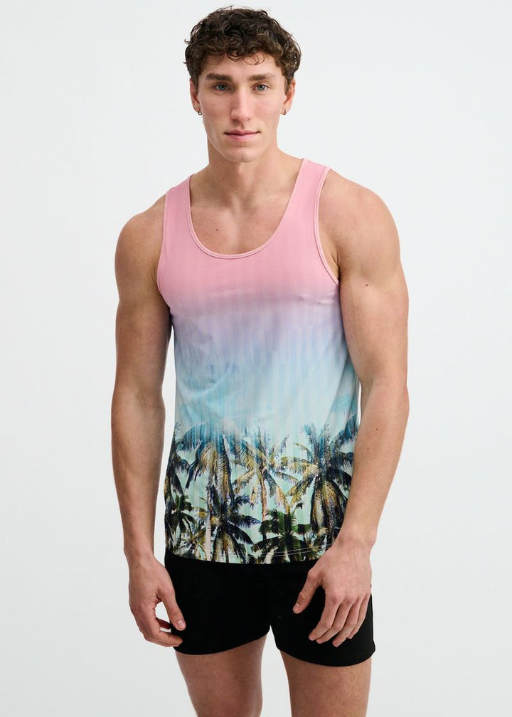 Blush/Aqua Palms Printed Stretch Mesh Tank St-11148