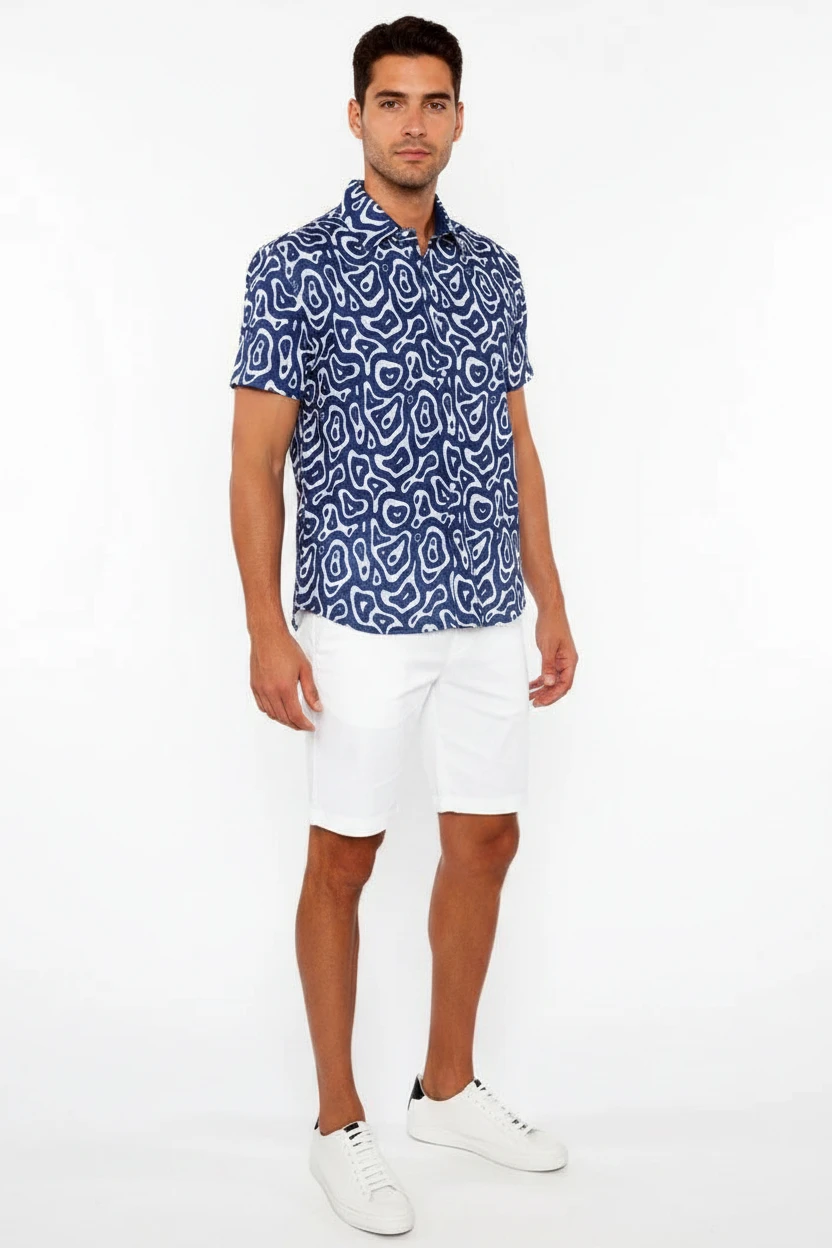 French Blue Squiggly Printed Open Knit Stretch Short Sleeve Shirt St-48070