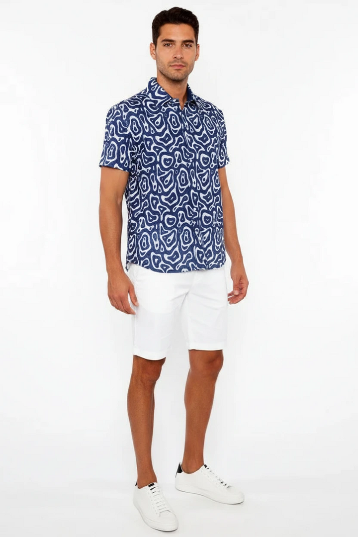 French Blue Squiggly Printed Open Knit Stretch Short Sleeve Shirt St-48070