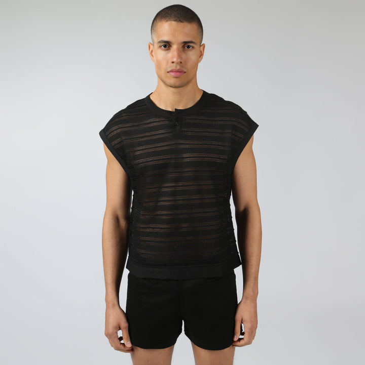 NEW- Black Sundown Knit Sleeveless Henley - Parke & Ronen