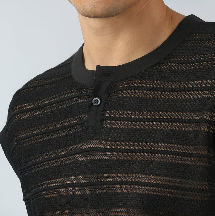 NEW- Black Sundown Knit Sleeveless Henley - Parke & Ronen