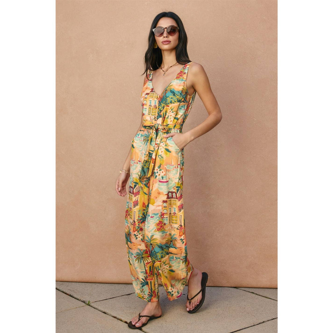 Wicker Button Down Sash Belt Jumpsuit