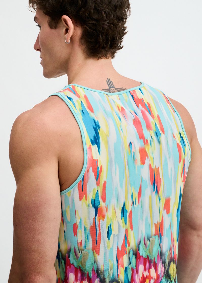 Teal/Multi Drips Printed Stretch Mesh Tank St-11150