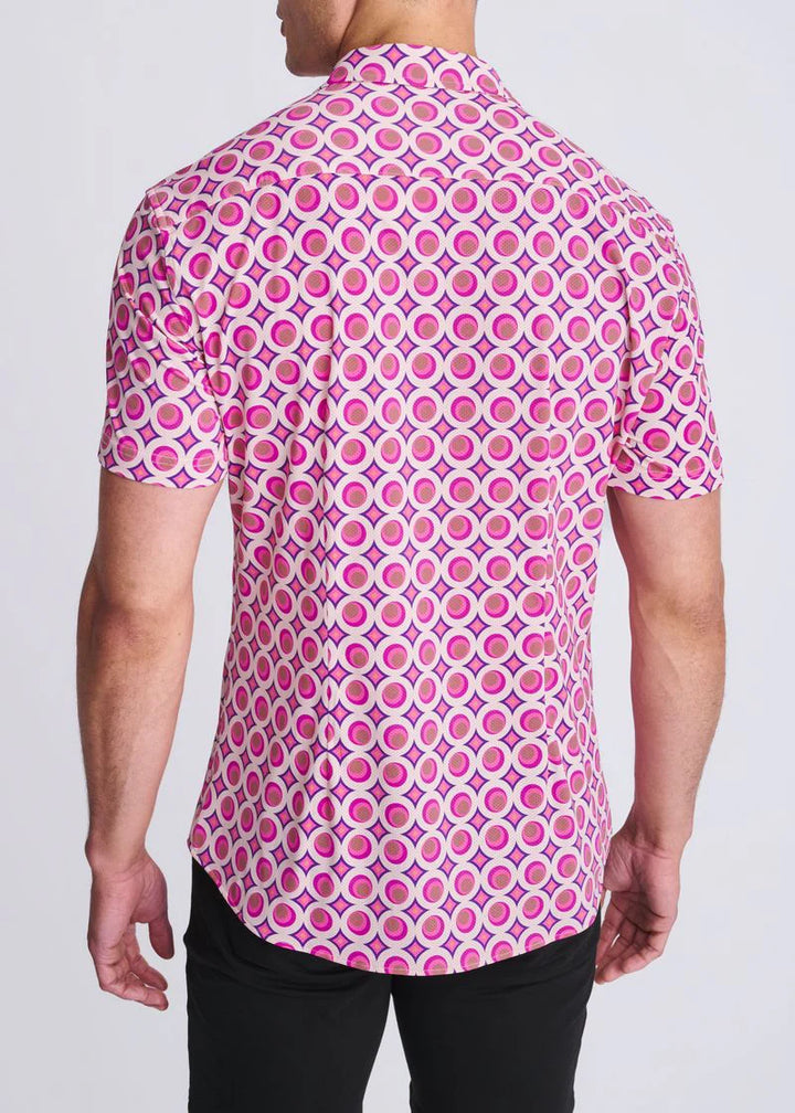 Pink/Blush Circles Printed Performance Short Sleeve Shirt W/ Contrast Placket PM-76109