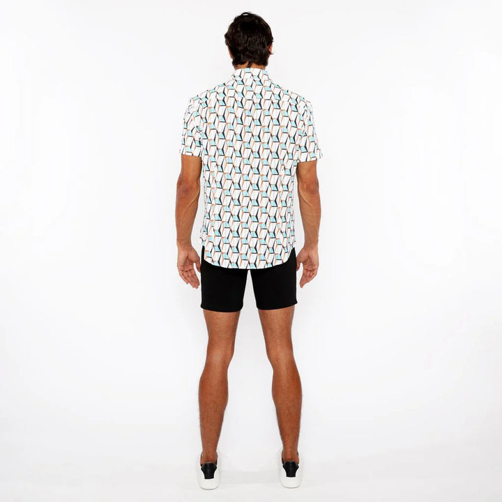 Stalk/Ochre 3D Boxes Printed Open Knit Stretch Short Sleeve Shirt St-48073
