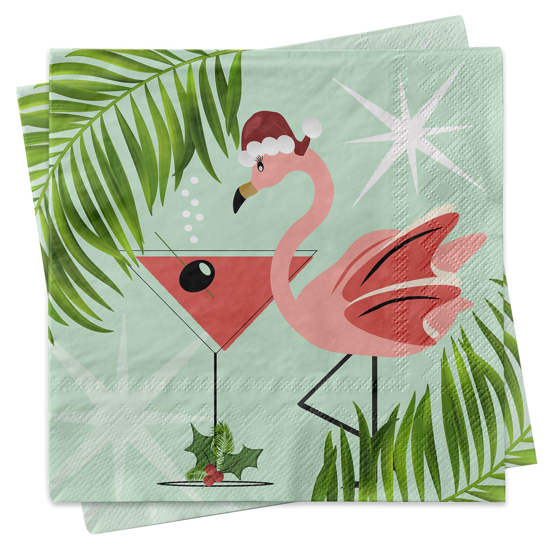 Flamingo Santa Martini Palm Retro Holiday Cocktail Napkin