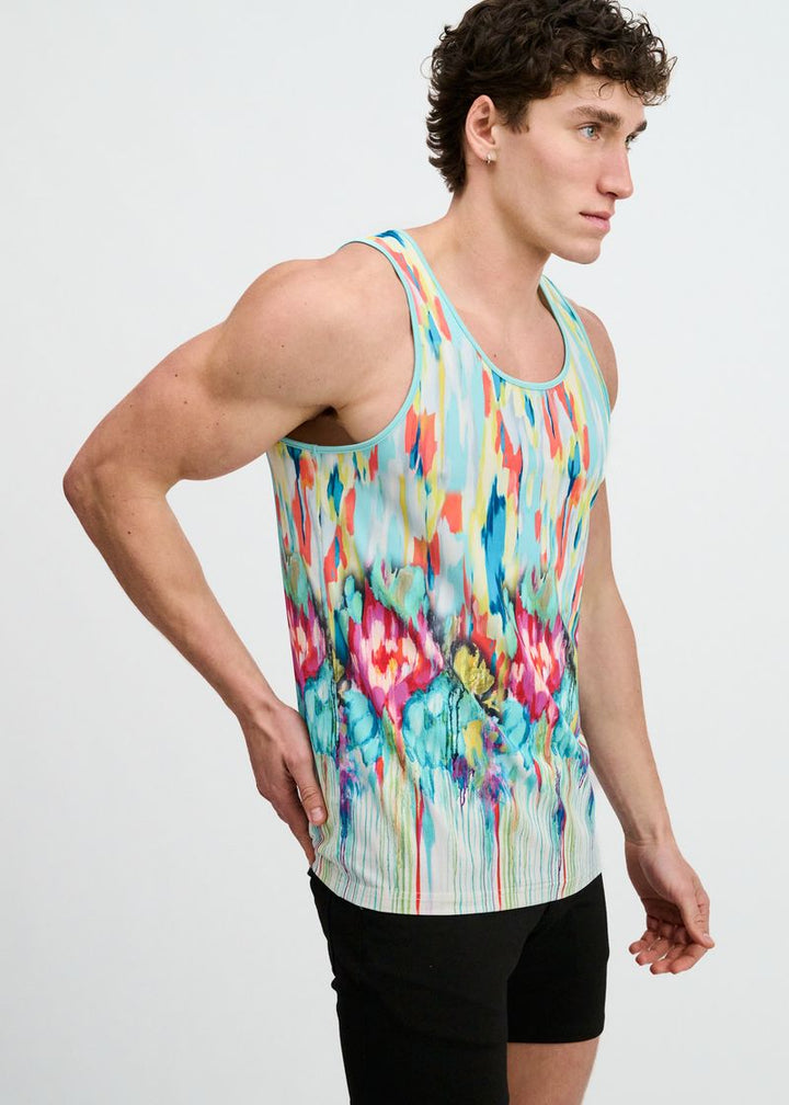 Teal/Multi Drips Printed Stretch Mesh Tank St-11150
