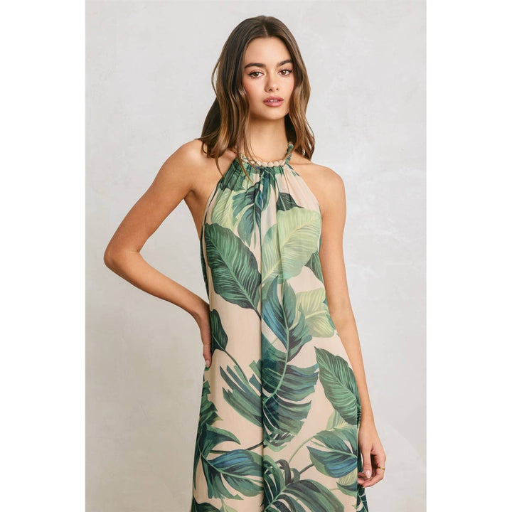 Hidden Oasis Beaded Halter Fluid Dress