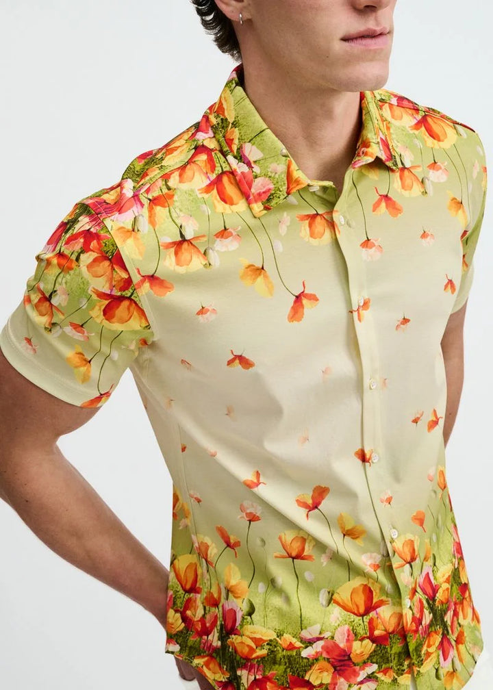 Grass/Orange Floral Border Print Jersey Short Sleeve Shirt