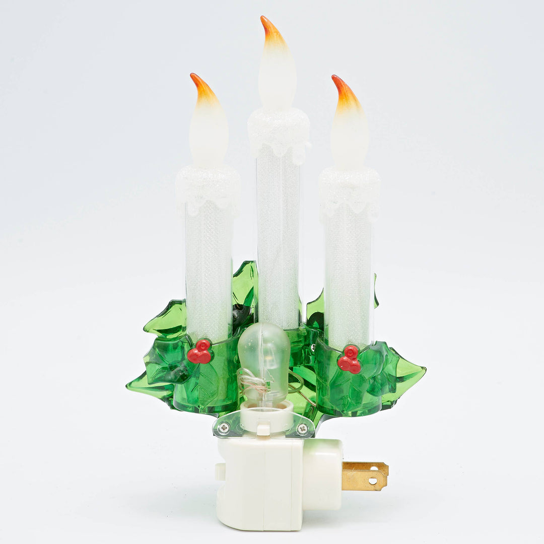 8" Three Candle Holly Night Light with Flicker Glow