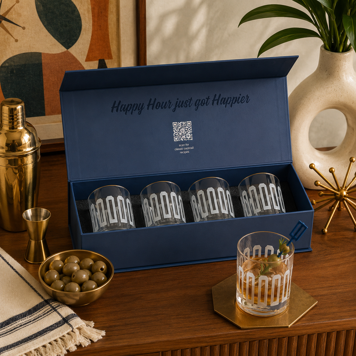 Frosted Retro Whiskey Rocks Glass with Gold Rim Box Set of 4