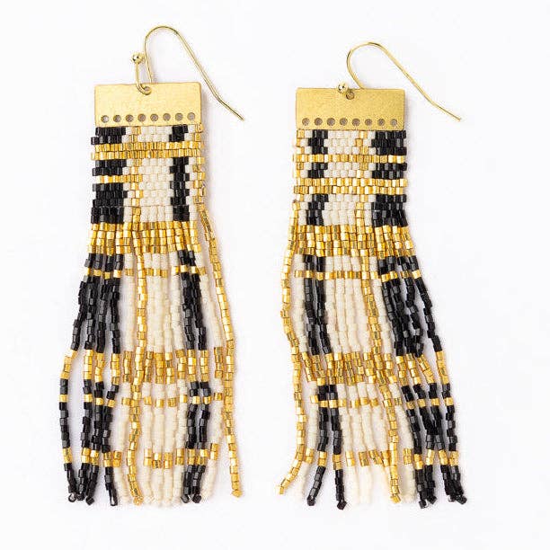 McKenzie Brass Bar Long Fringe Earrings Black + Gold