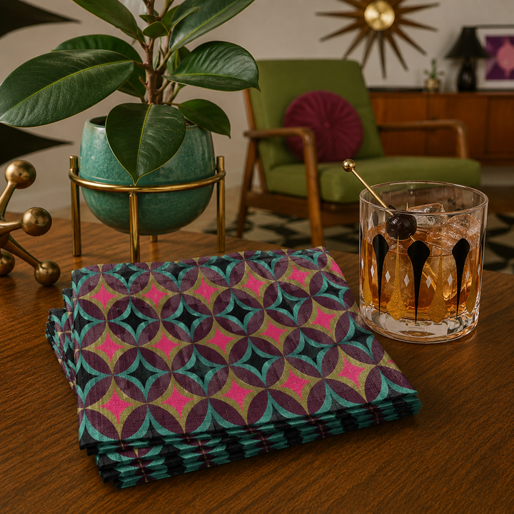 Diamond in Circle Jewel Tone Mid Century Mod Cocktail Napkin