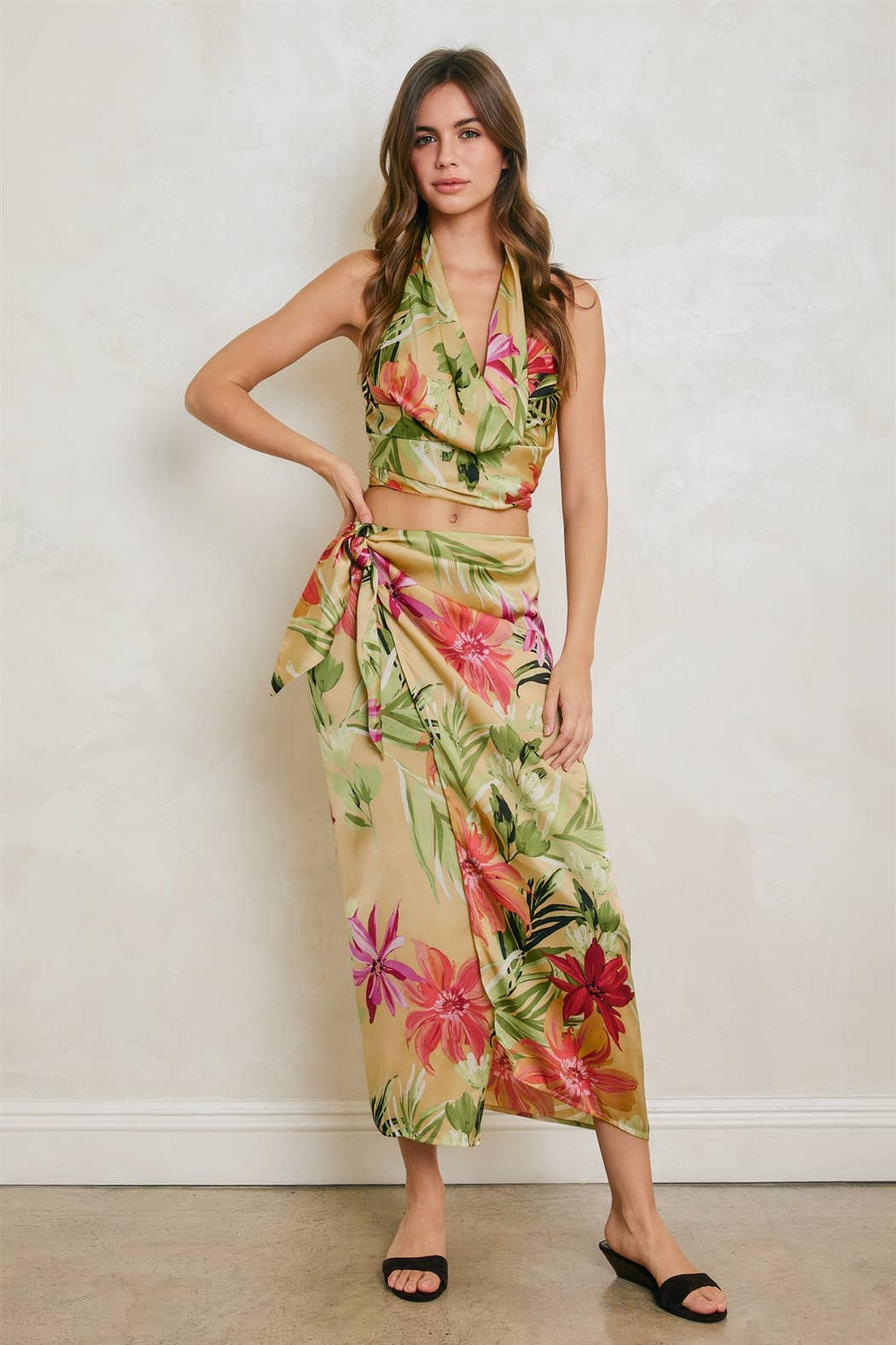 Tropical Floral Open Back Cowl Top