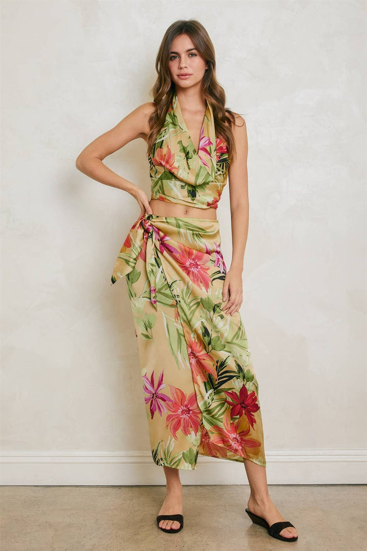 Tropical Floral Open Back Cowl Top