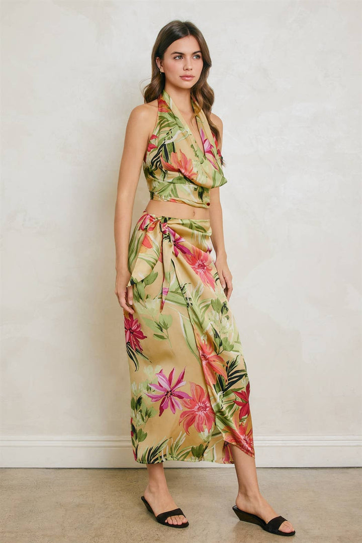 Tropical Floral Open Back Cowl Top