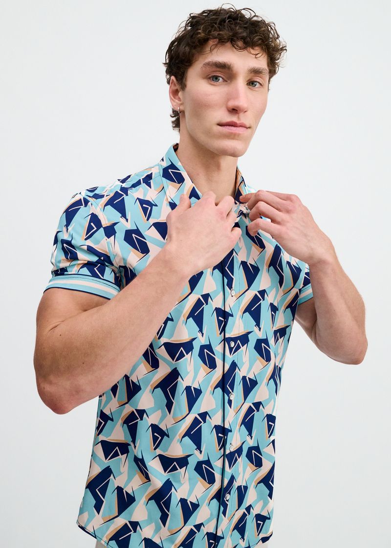 Mirage/Cobalt Abstract Printed Performance Stretch Short Sleeve Shirt W/Placket Detail St-26025