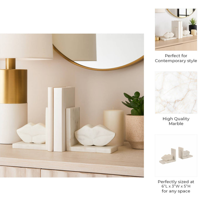 Bookends Set of 2 - White Marble Lips Design, 5 in.
