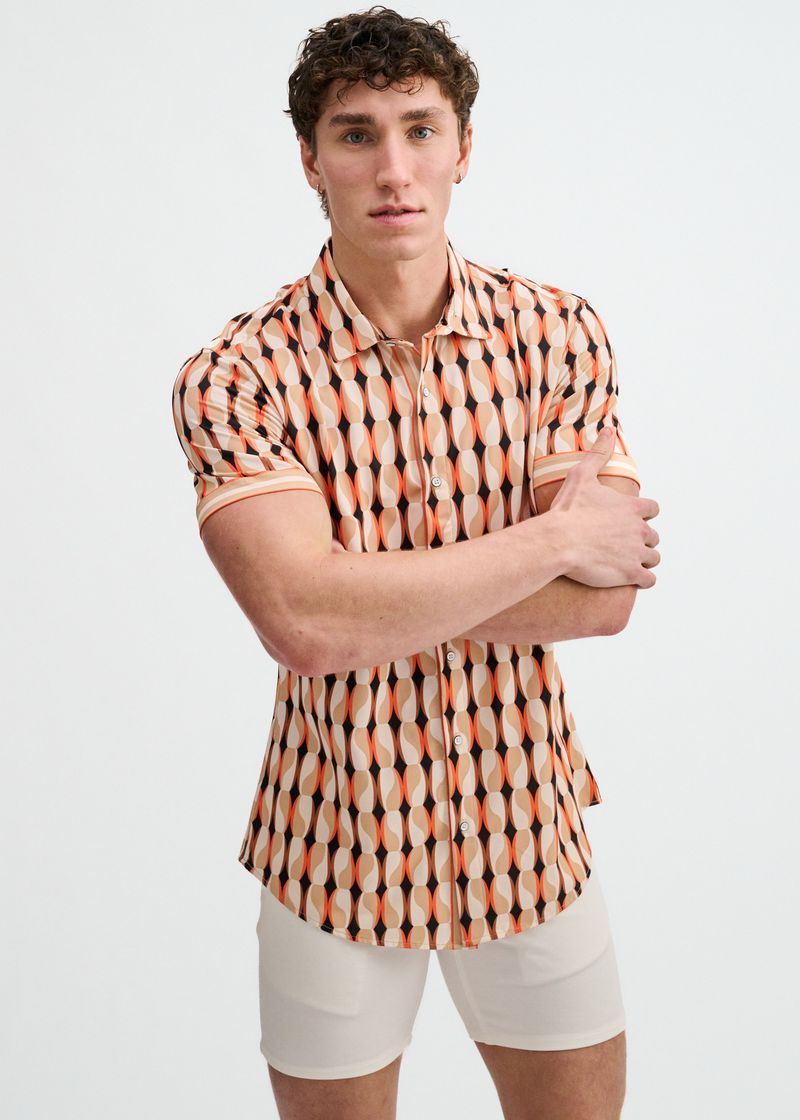 Spice/Sand Beads Printed Performance Stretch Short Sleeve Shirt W/Placket Detail St-26028