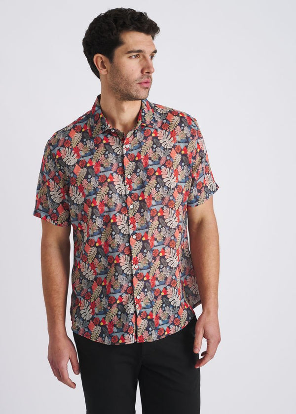 Lightweight Linen/Tencel Short Sleeve Shirt Navy/Sage Leaves