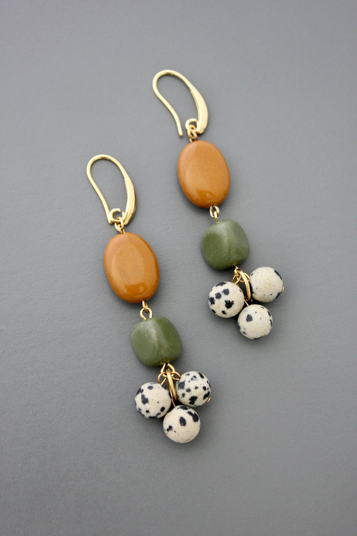 FERE68  Jasper, serpentine, and Dalmatian cluster earrings