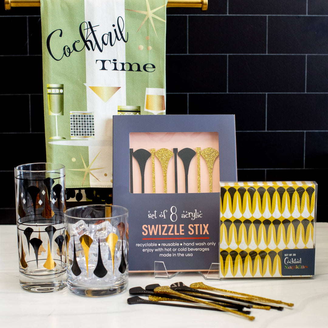 Cocktail Hour Set of 4 Black & Gold Vintage Whiskey Glasses