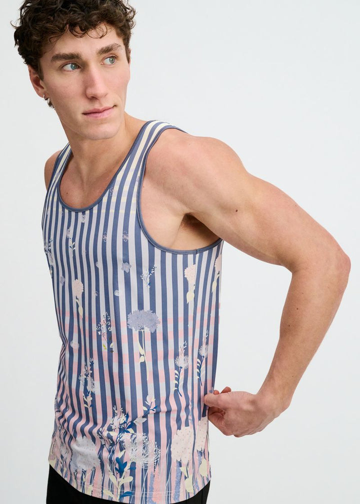 Slate/Blush Stripes Printed Stretch Mesh Tank St-11149