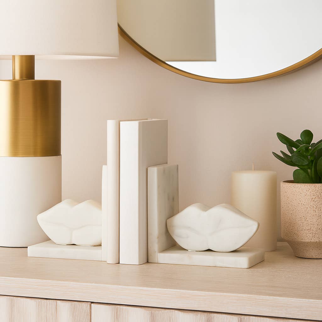 Bookends Set of 2 - White Marble Lips Design, 5 in.