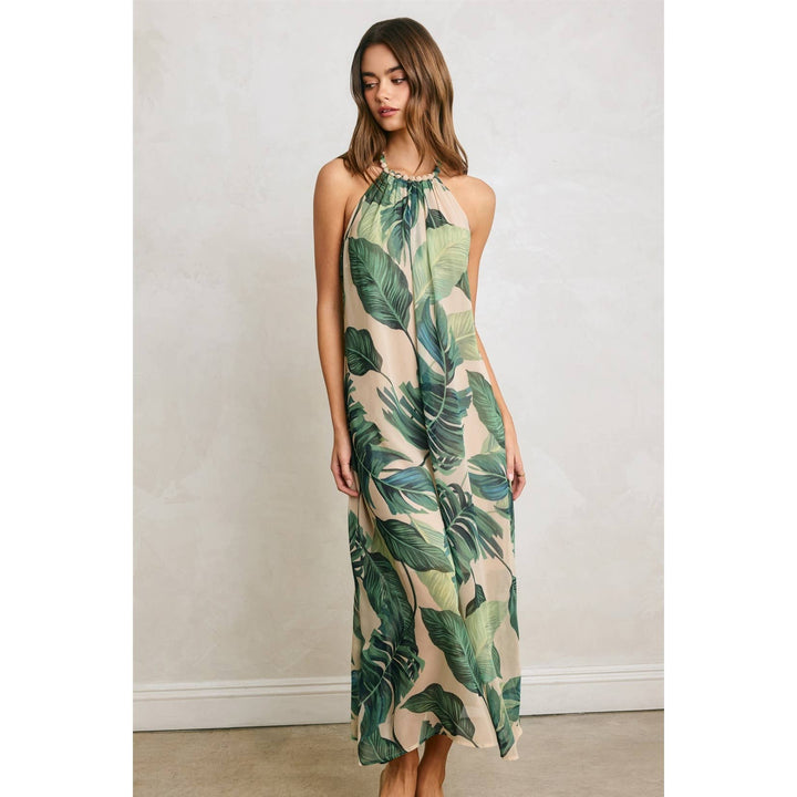 Hidden Oasis Beaded Halter Fluid Dress