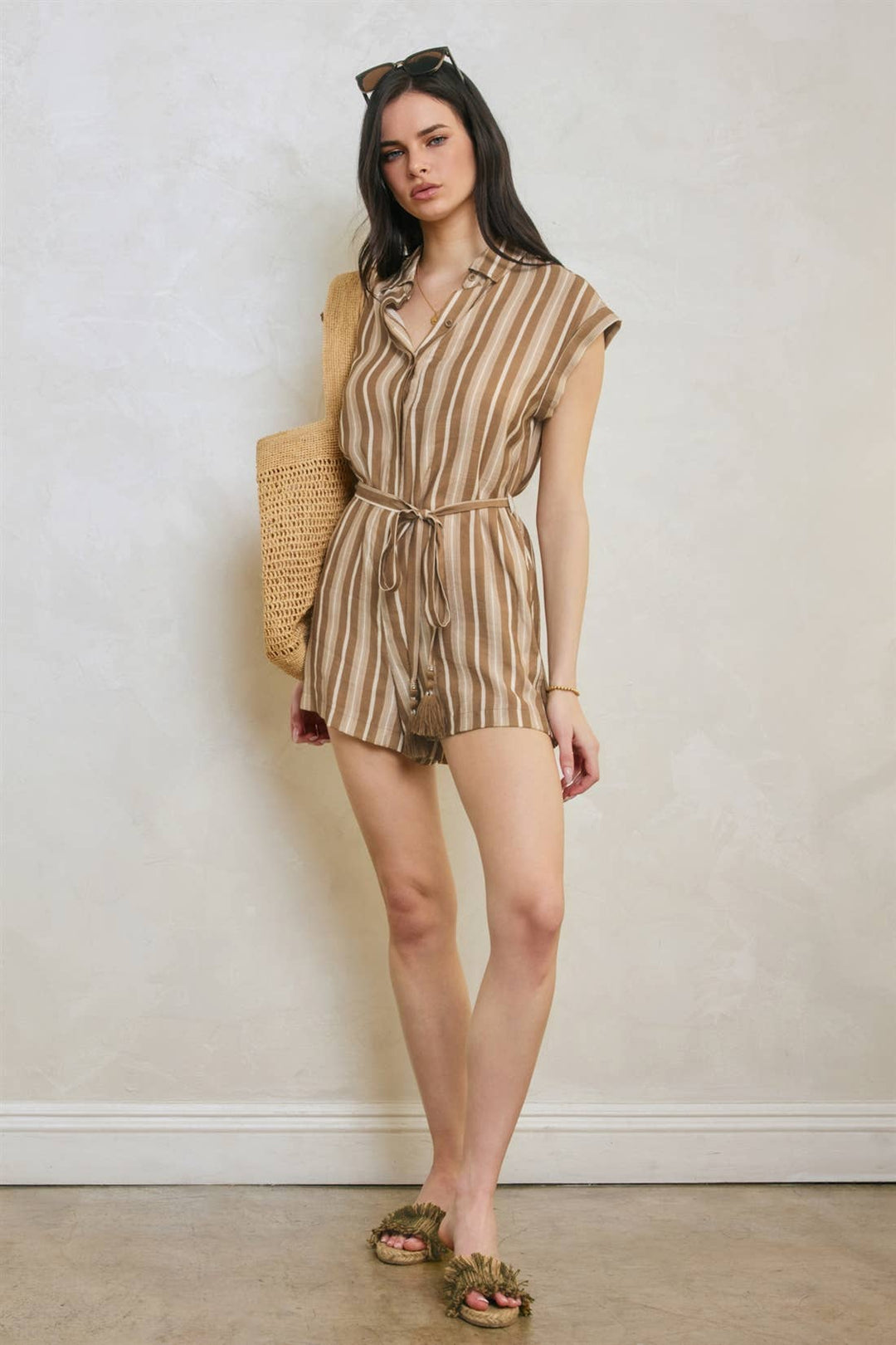 White Sand Line Button Down Romper