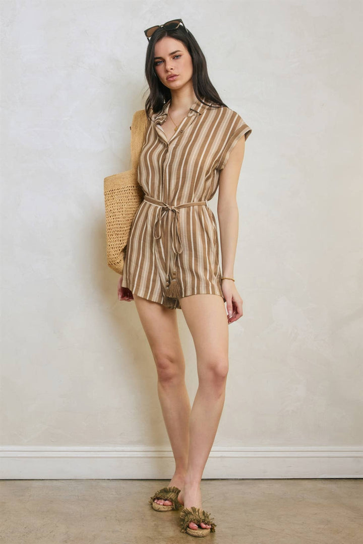 White Sand Line Button Down Romper