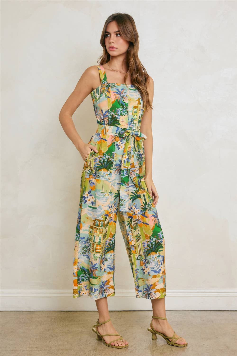 Conversational Straight Neck Cropped Jumpsuit - Caribbean Blues