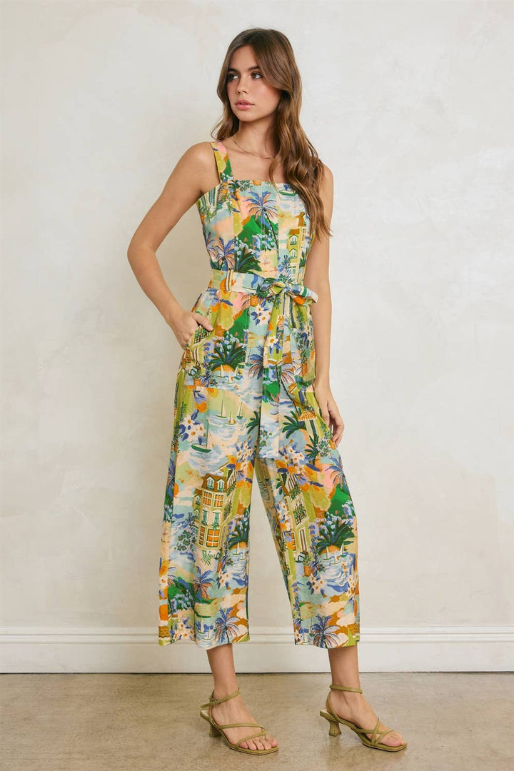 Conversational Straight Neck Cropped Jumpsuit - Caribbean Blues