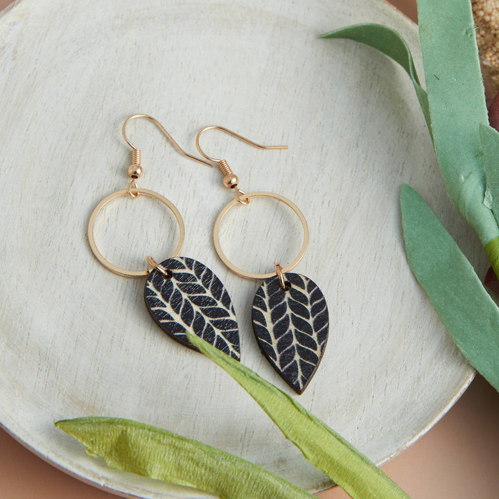 Jolie Wooden Leaf Gold Drop Earrings