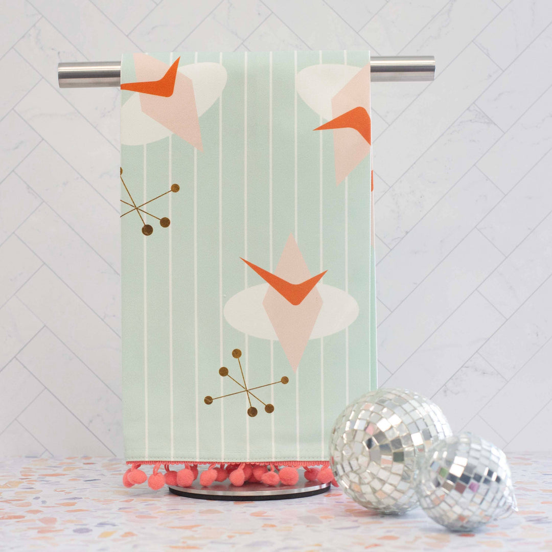 Retro Atomic Cosmic Aqua Tea Towel with Trim