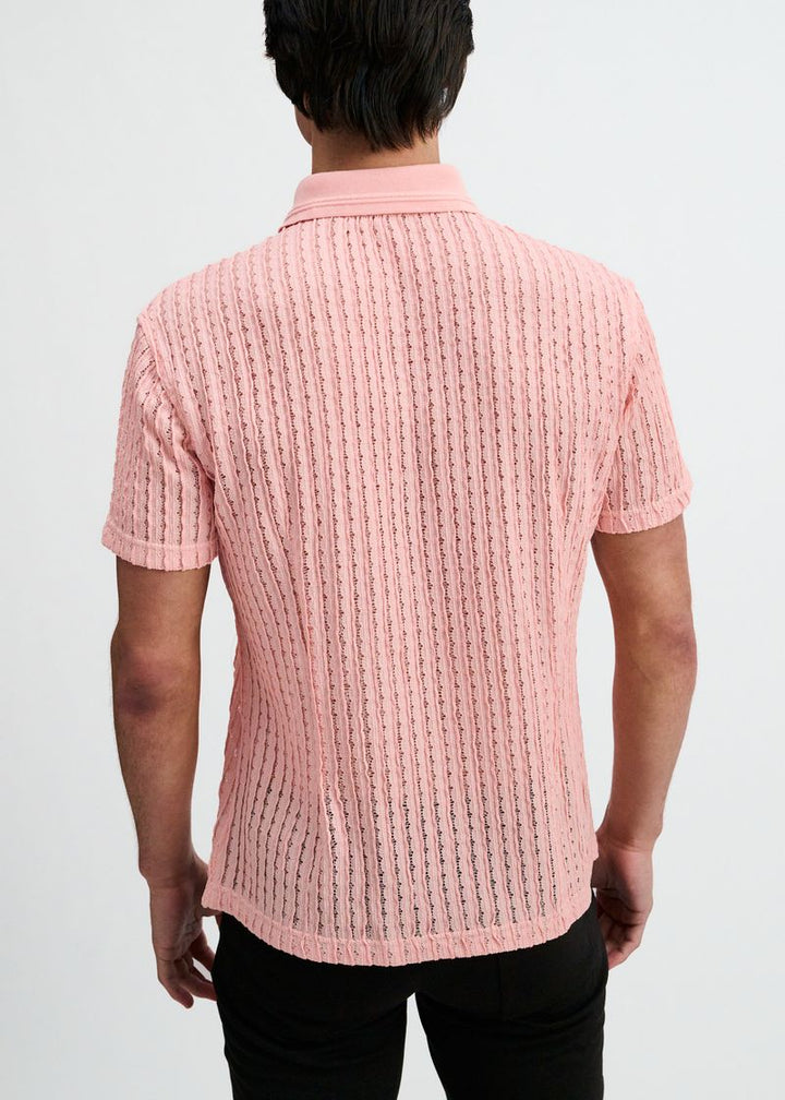 Pink Open Knit Short Sleeve Shirt W/Rib Collar St-24076