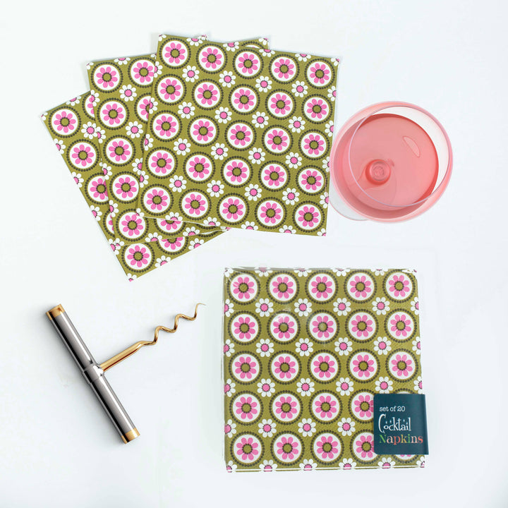 Retro Groovy Floral Pink and Green Cocktail Beverage Napkin