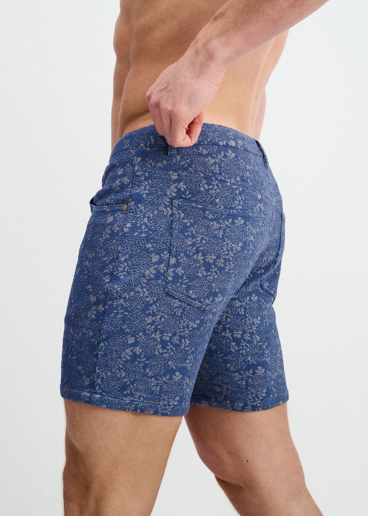 Powder Blue Floral 5" Inseam Jacquard Stretch Knit Jeans Short St-1932-108