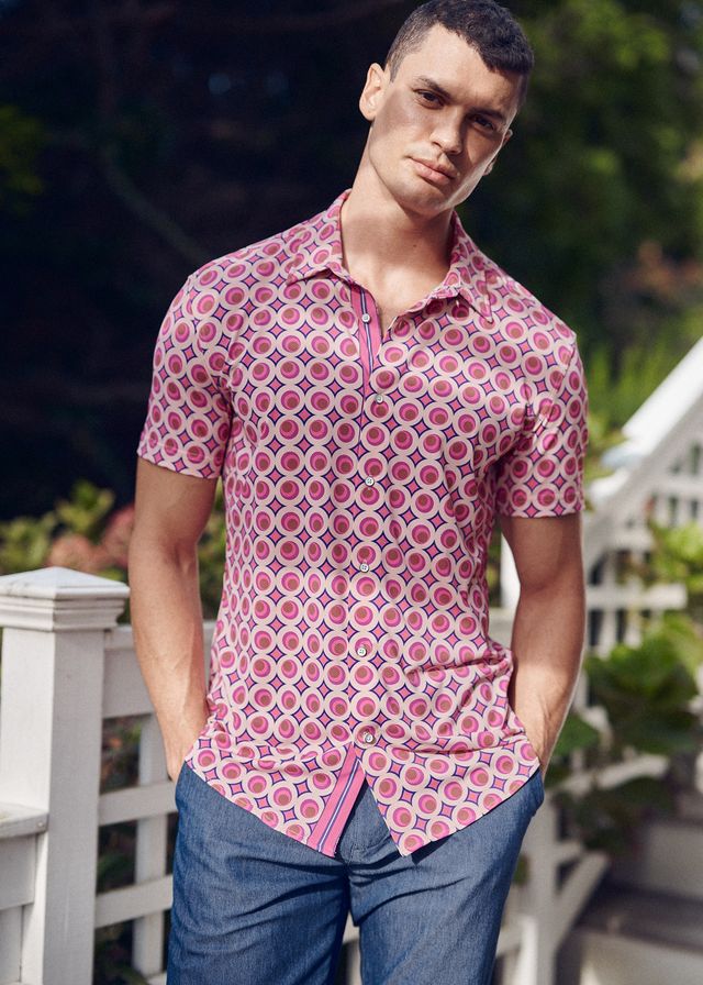 Pink/Blush Circles Printed Performance Short Sleeve Shirt W/ Contrast Placket PM-76109