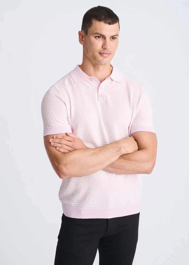 Pink/Milk White Honeycomb Textured Cotton 3-Button Knit Polo PM-16330