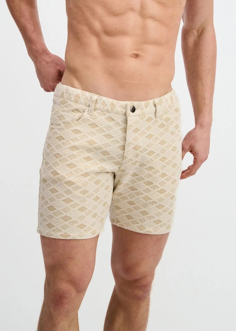 Jacquard Stretch Knit Jeans Short 5" Beige Diamonds