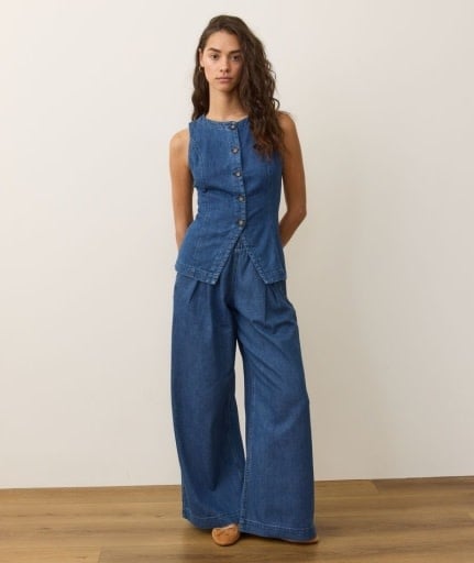 Allison Pleated Wide Leg Denim Trouser Medium Wash