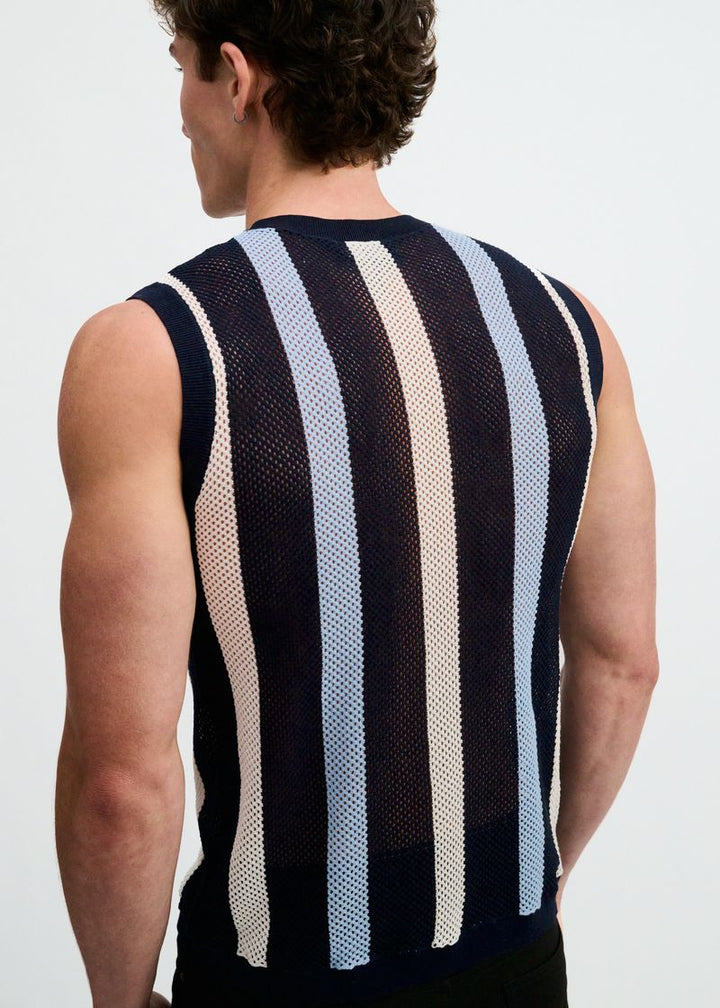 Navy Textured Stripe Open Knit Vest St-24311