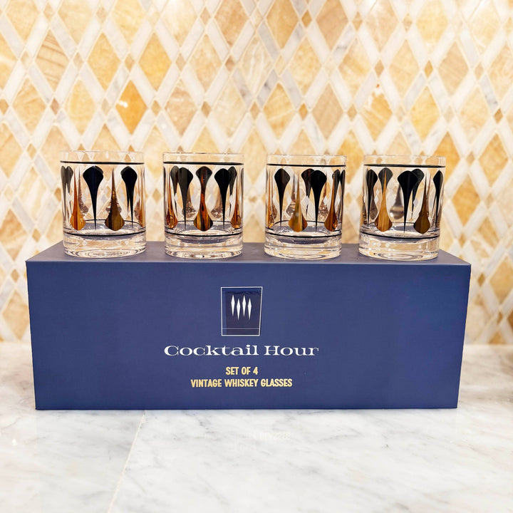 Cocktail Hour Set of 4 Black & Gold Vintage Whiskey Glasses