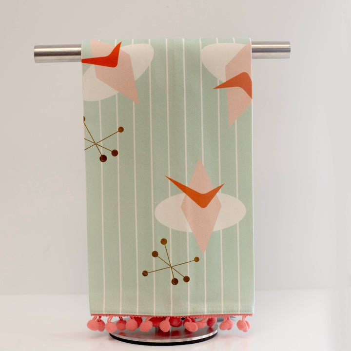 Retro Atomic Cosmic Aqua Tea Towel with Trim