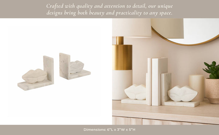 Bookends Set of 2 - White Marble Lips Design, 5 in.