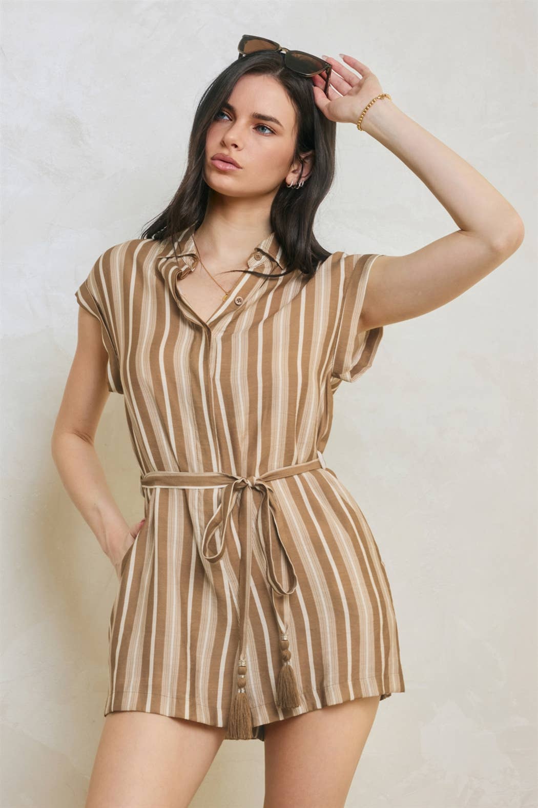 White Sand Line Button Down Romper