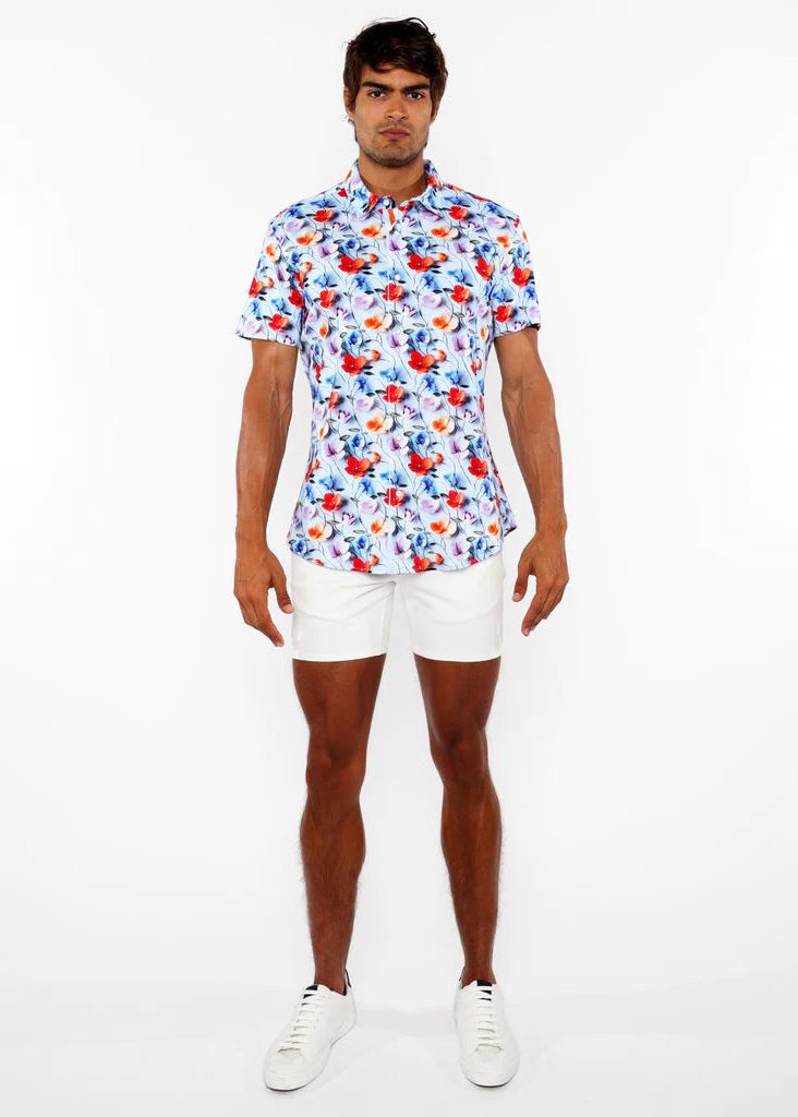 Sky/Multi Floral 3D Print Cotton Jersey Knit Short Sleeve Shirt W/Contrast Stripe Placket St-9327